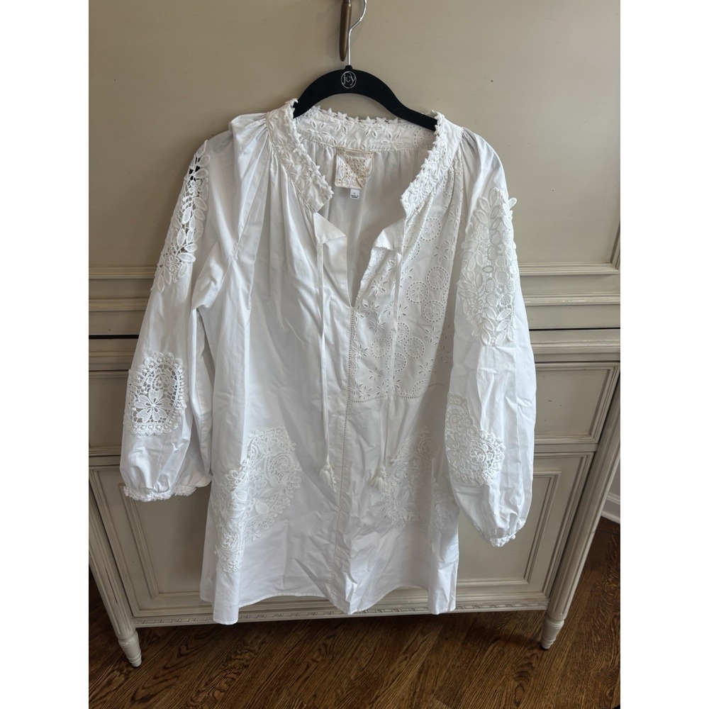 Johnny Was White Tunic Dress Lace Tassels Cotton Long Sleeve Summer Dress Preppy